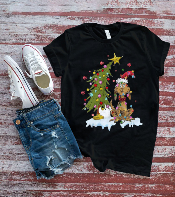 Christmas Max Dog Wrapped In Lights With Grinch Tree Scene T-Shirt