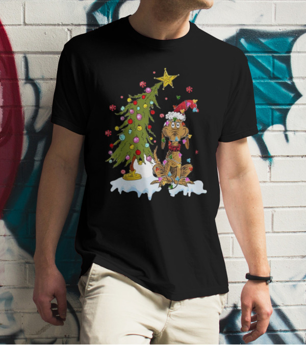 Christmas Max Dog Wrapped In Lights With Grinch Tree Scene T-Shirt