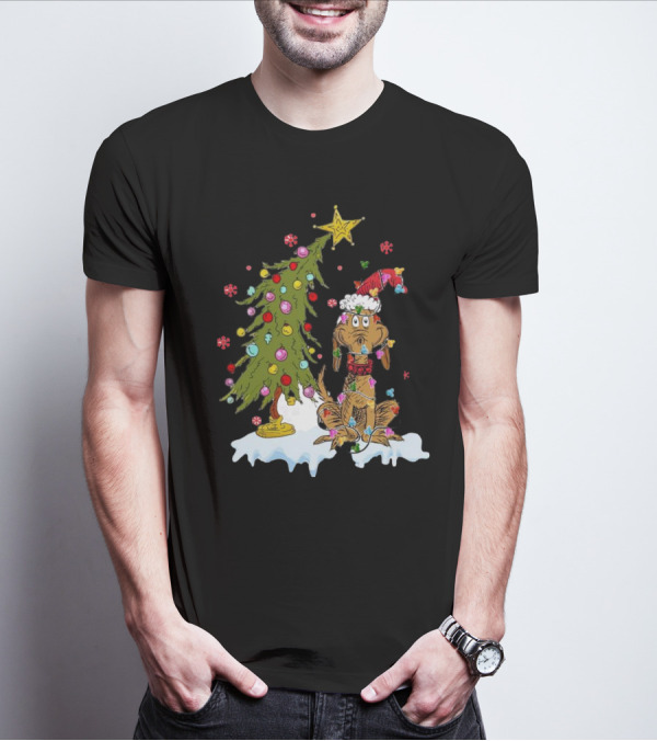 Christmas Max Dog Wrapped In Lights With Grinch Tree Scene T-Shirt
