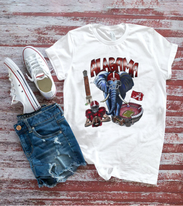 Alabama Crimson Tide Football Elephant Stadium Football Player Old Main Tower Bama T-Shirt