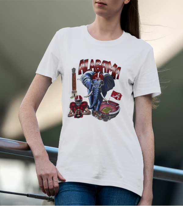 Alabama Crimson Tide Football Elephant Stadium Football Player Old Main Tower Bama T-Shirt