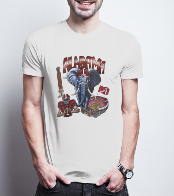 Alabama Crimson Tide Football Elephant Stadium Football Player Old Main Tower Bama T-Shirt