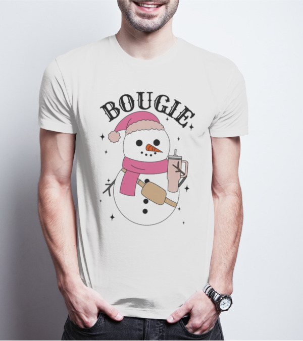 BOUGIE Snowman In Pink Hat And Scarf With Drink Cup T-Shirt