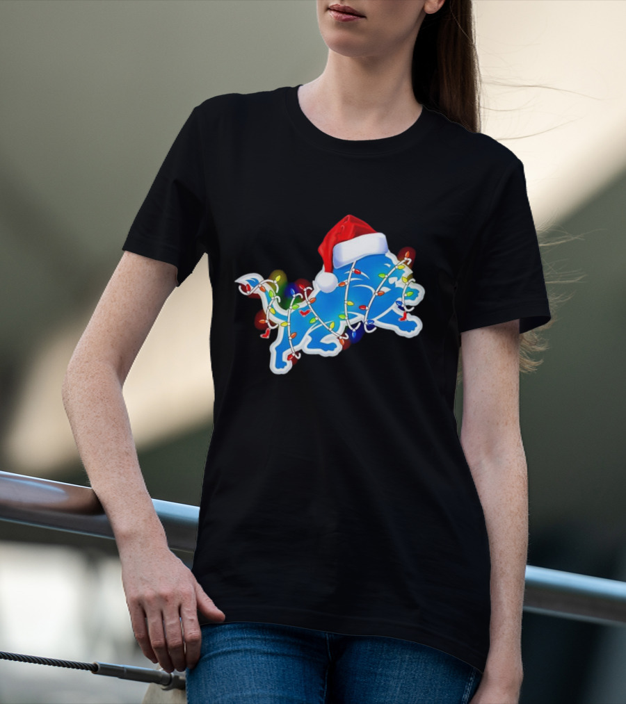 Detroit Lions Christmas Lights Santa Hat Holiday Football T-Shirt