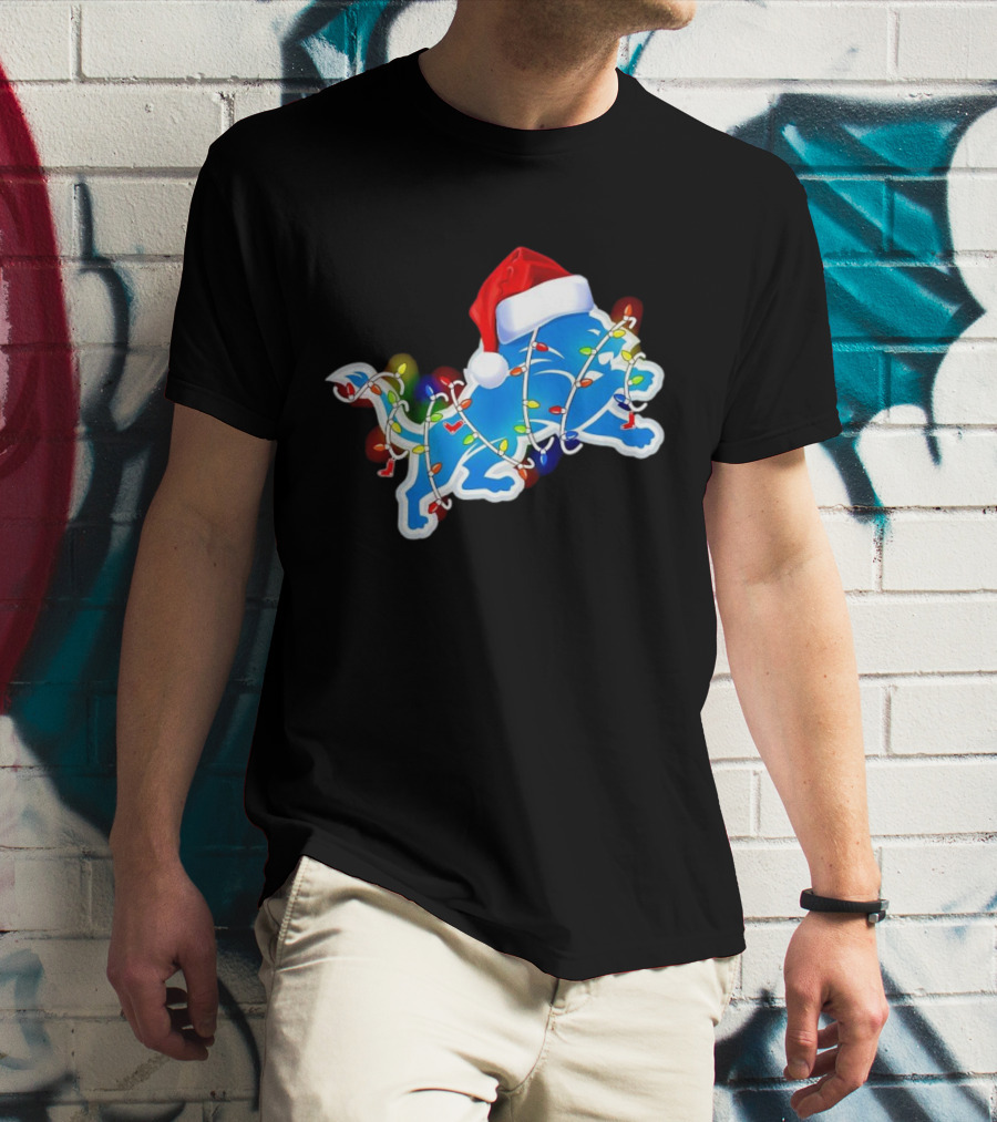 Detroit Lions Christmas Lights Santa Hat Holiday Football T-Shirt