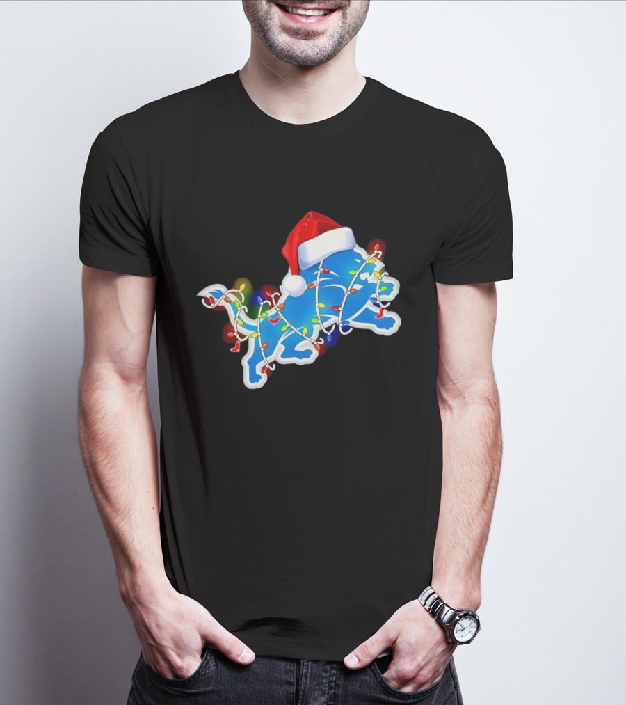 Detroit Lions Christmas Lights Santa Hat Holiday Football T-Shirt