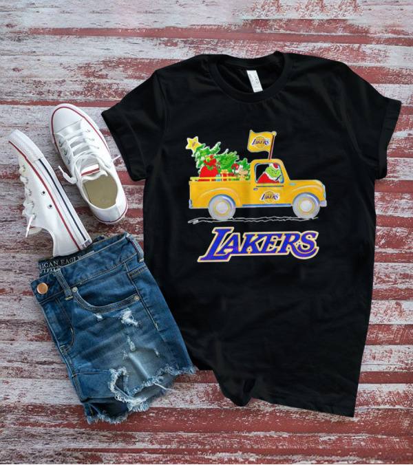 Grinch Driving Los Angeles Lakers Truck With Christmas Tree T-Shirt