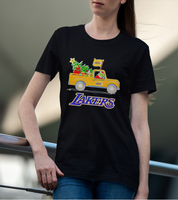 Grinch Driving Los Angeles Lakers Truck With Christmas Tree T-Shirt