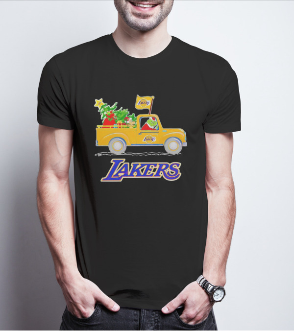 Grinch Driving Los Angeles Lakers Truck With Christmas Tree T-Shirt