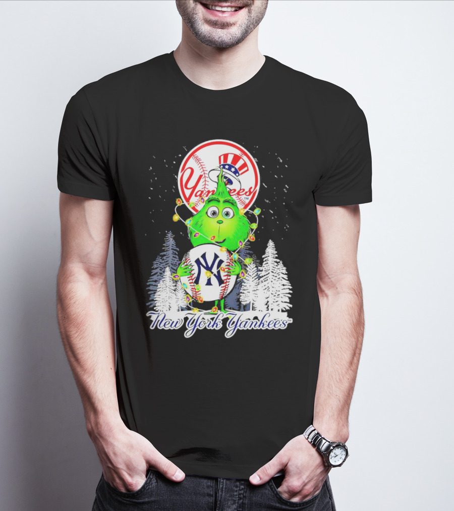 New York Yankees Grinch Christmas Hug With Baseball And Trees T-Shirt