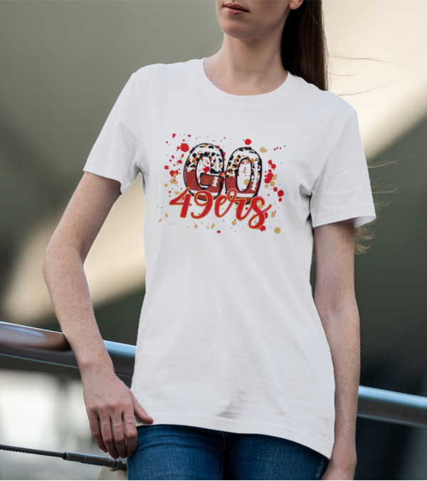 Leopard Print Go 49ers Red And Gold Text With Splatter T-Shirt
