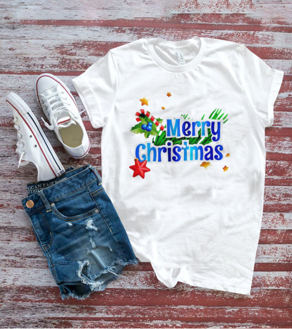 Merry Christmas Candy Cane Holly Pine Red Star T-Shirt
