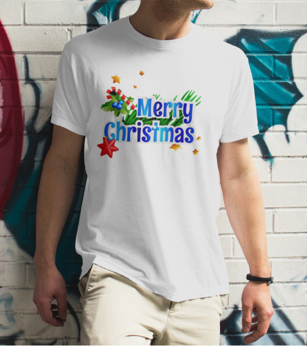 Merry Christmas Candy Cane Holly Pine Red Star T-Shirt
