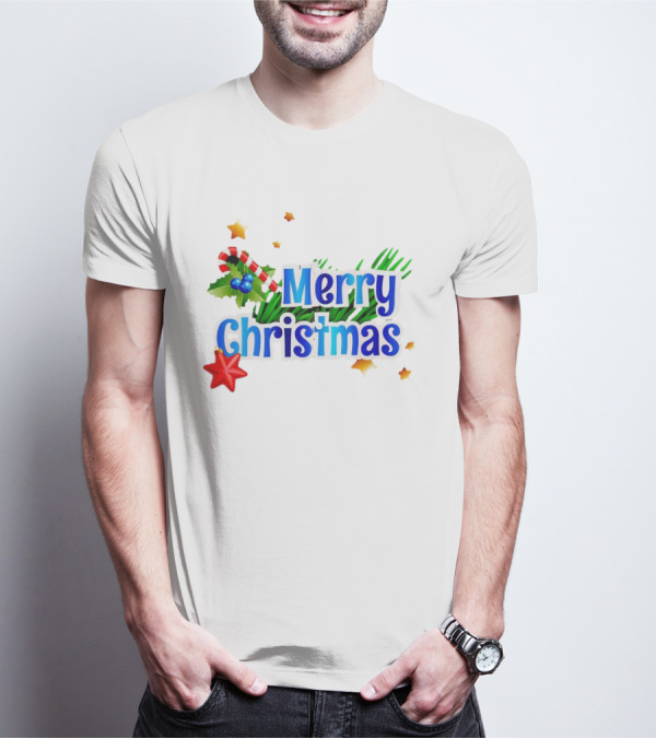 Merry Christmas Candy Cane Holly Pine Red Star T-Shirt