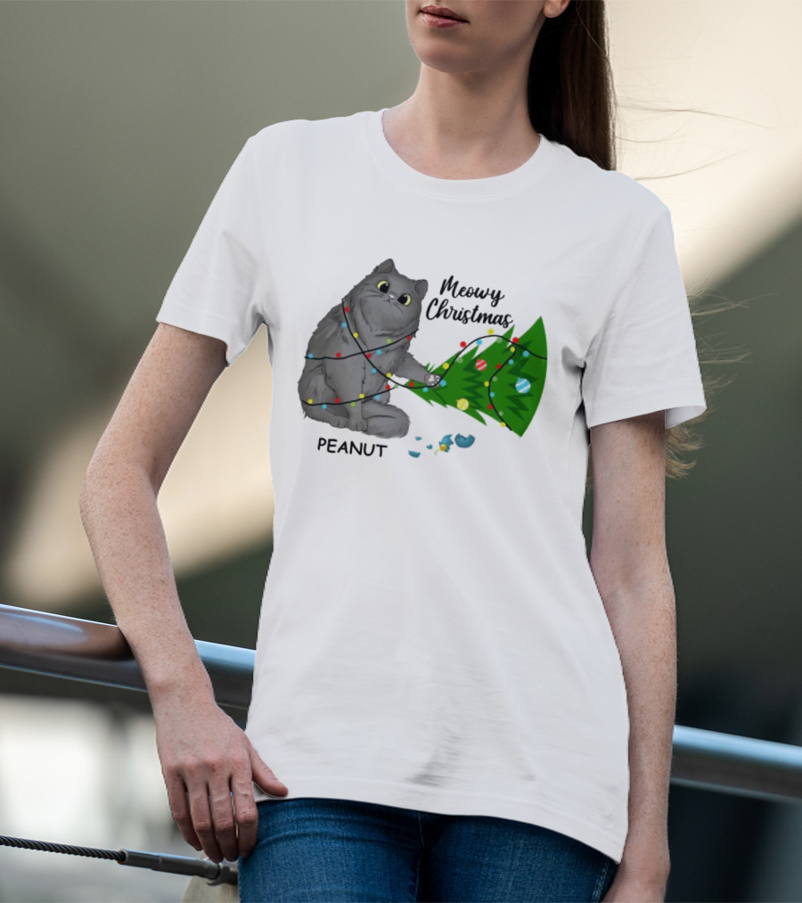 Meowy Christmas Cat Wrapped In Lights With Custom Name Peanut T-Shirt