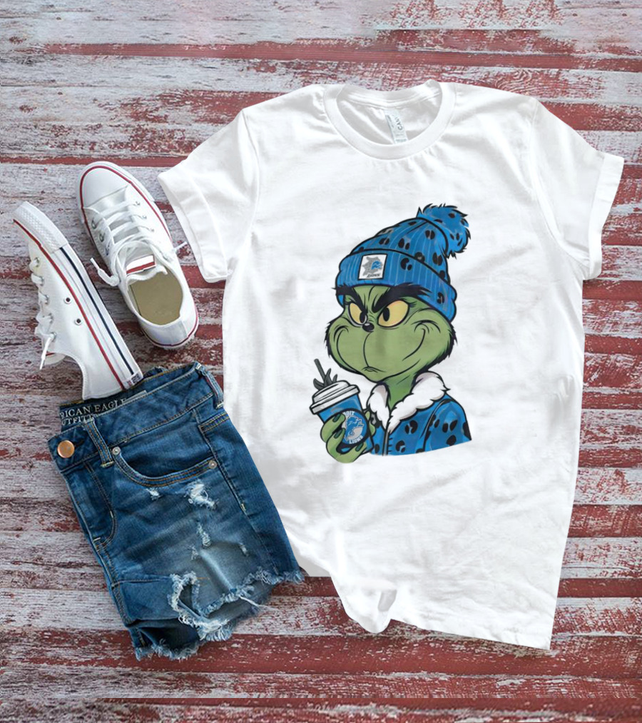 Grinch Wearing Detroit Lions Winter Outfit Holding Drink Christmas T-Shirt