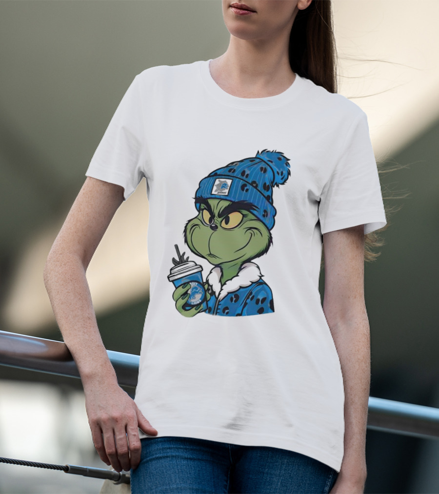 Grinch Wearing Detroit Lions Winter Outfit Holding Drink Christmas T-Shirt