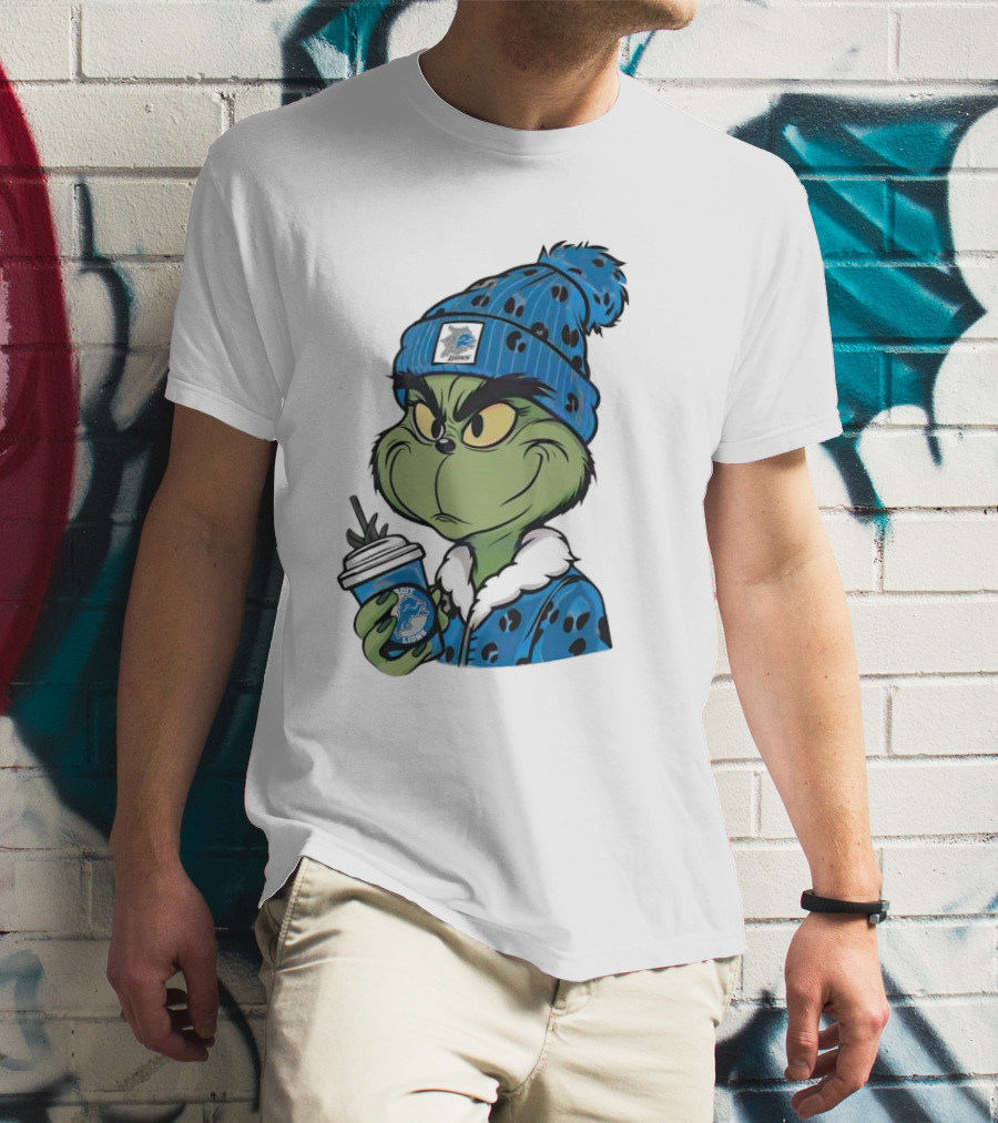 Grinch Wearing Detroit Lions Winter Outfit Holding Drink Christmas T-Shirt