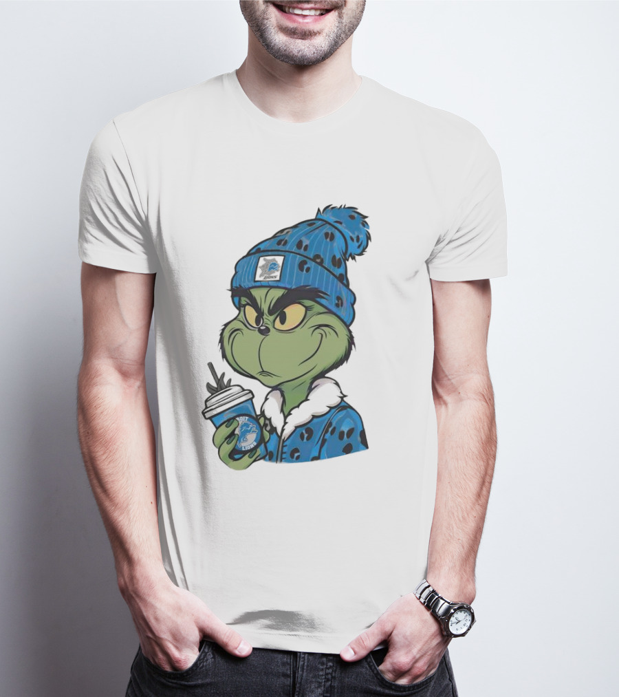 Grinch Wearing Detroit Lions Winter Outfit Holding Drink Christmas T-Shirt