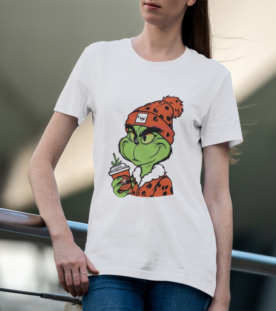 Grinch Wears Orange Beanie Holds Browns Mug Christmas T-Shirt