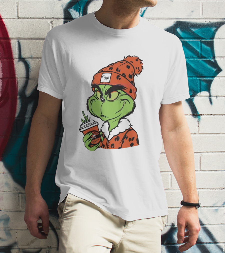 Grinch Wears Orange Beanie Holds Browns Mug Christmas T-Shirt