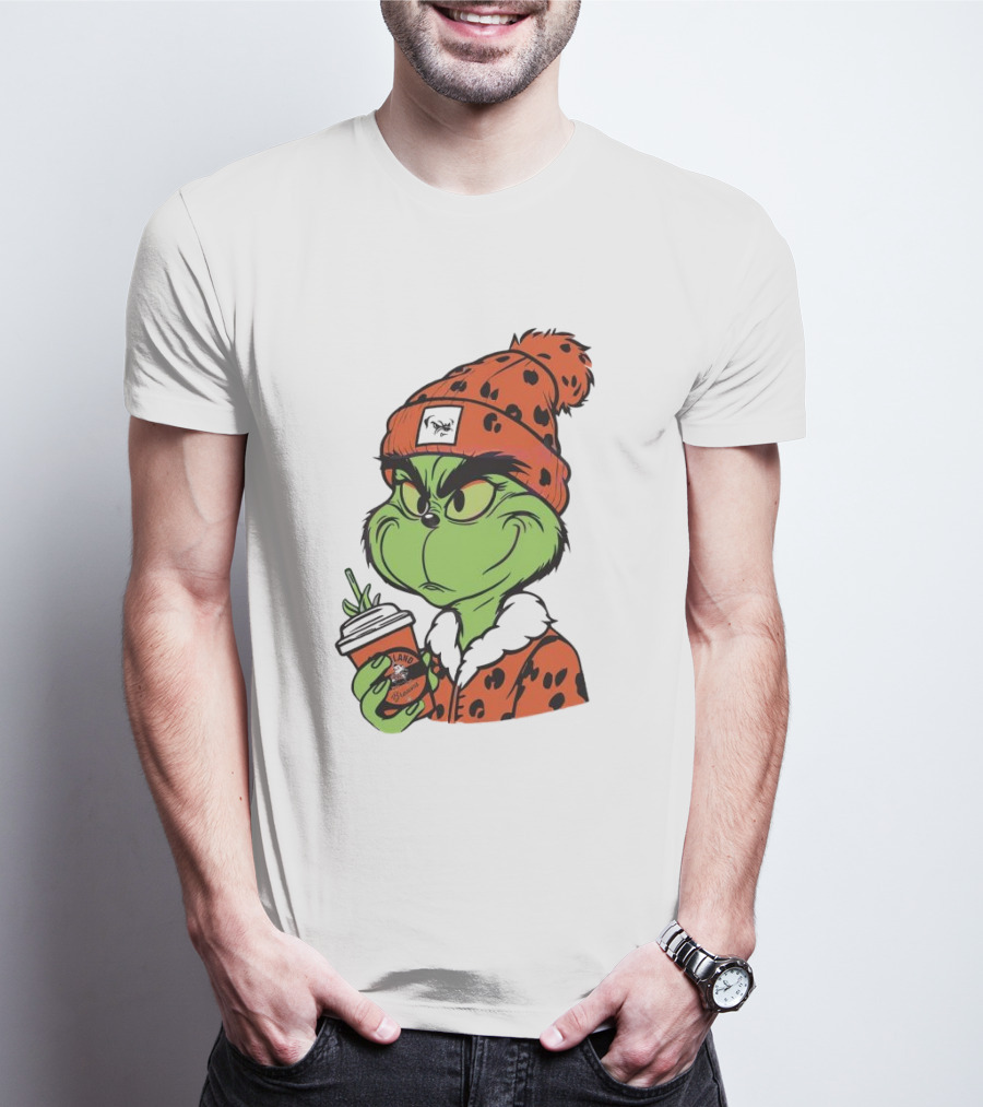 Grinch Wears Orange Beanie Holds Browns Mug Christmas T-Shirt