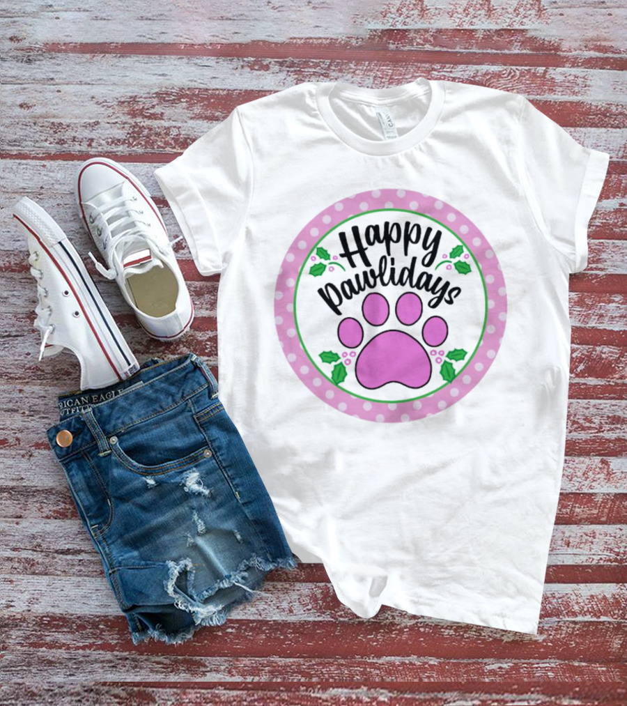 Happy Pawlidays Pink Paw Print With Holly Border Christmas T-Shirt