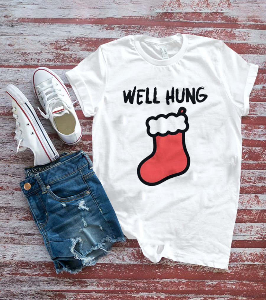 Well Hung Red Christmas Stocking Holiday Pun T-Shirt