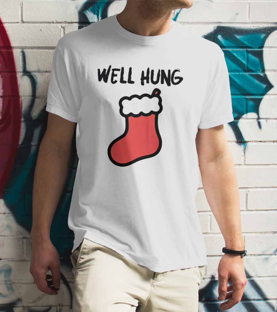 Well Hung Red Christmas Stocking Holiday Pun T-Shirt