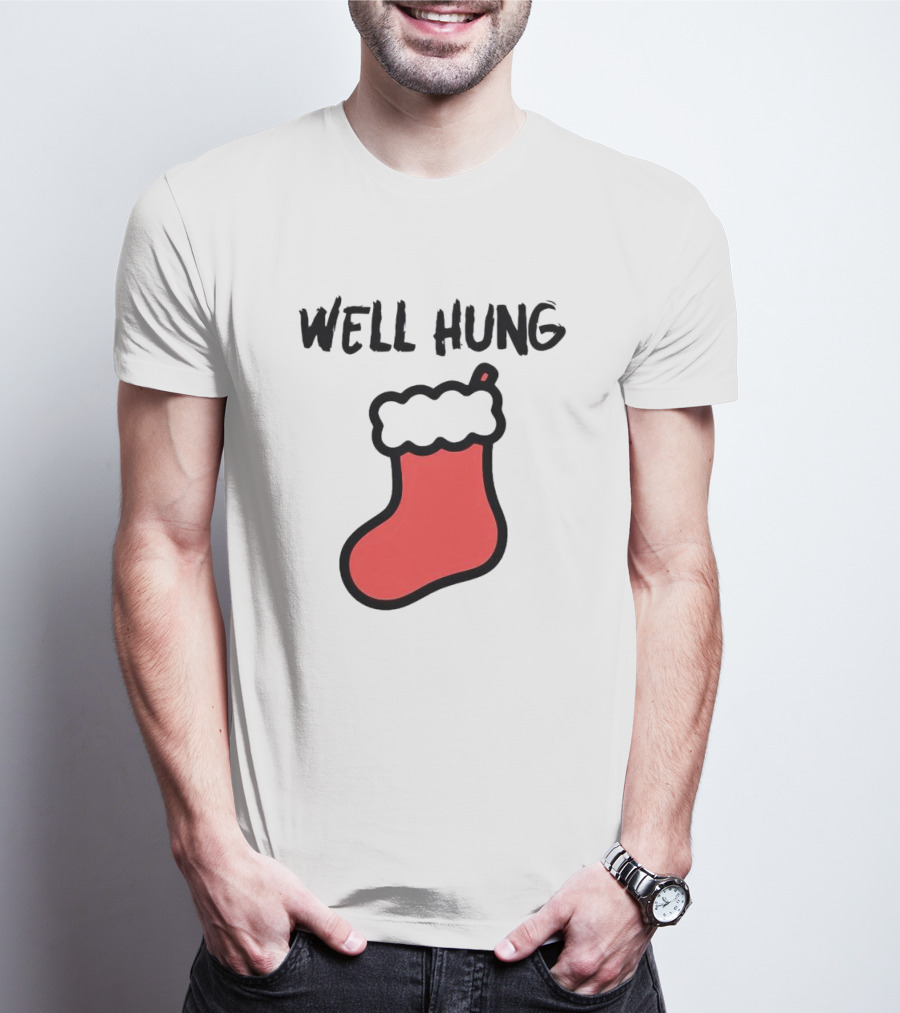Well Hung Red Christmas Stocking Holiday Pun T-Shirt