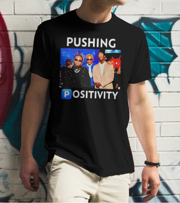 Pushing Positivity Iconic Trio With Blue Background T-Shirt