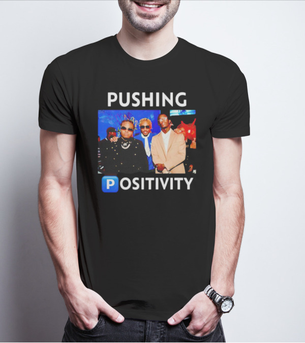 Pushing Positivity Iconic Trio With Blue Background T-Shirt