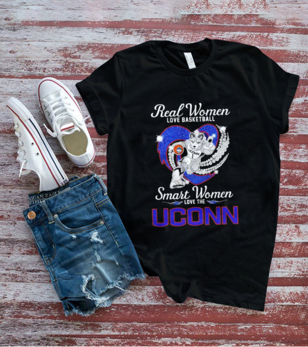 Real Women Love Basketball Smart Women Love The UConn Huskies UConn Basketball Fan Heart T-Shirt