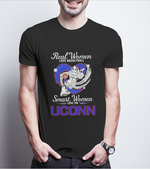 Real Women Love Basketball Smart Women Love The UConn Huskies UConn Basketball Fan Heart T-Shirt