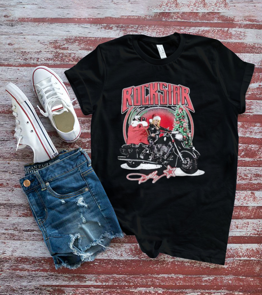 Rockstar Dolly Christmas Motorcycle Santa Hat T-Shirt