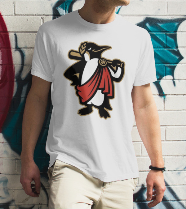 Rome Emperors Penguin In Red Toga With Baseball Bat And Laurel Wreath T-Shirt