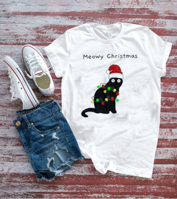 Meowy Christmas Santa Cat With Lights T-Shirt