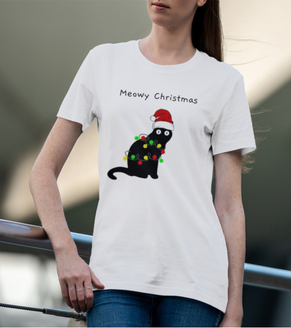 Meowy Christmas Santa Cat With Lights T-Shirt
