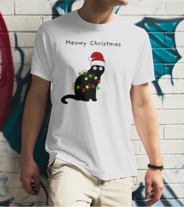Meowy Christmas Santa Cat With Lights T-Shirt