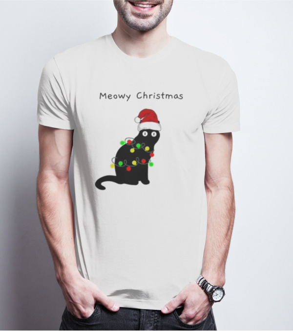 Meowy Christmas Santa Cat With Lights T-Shirt