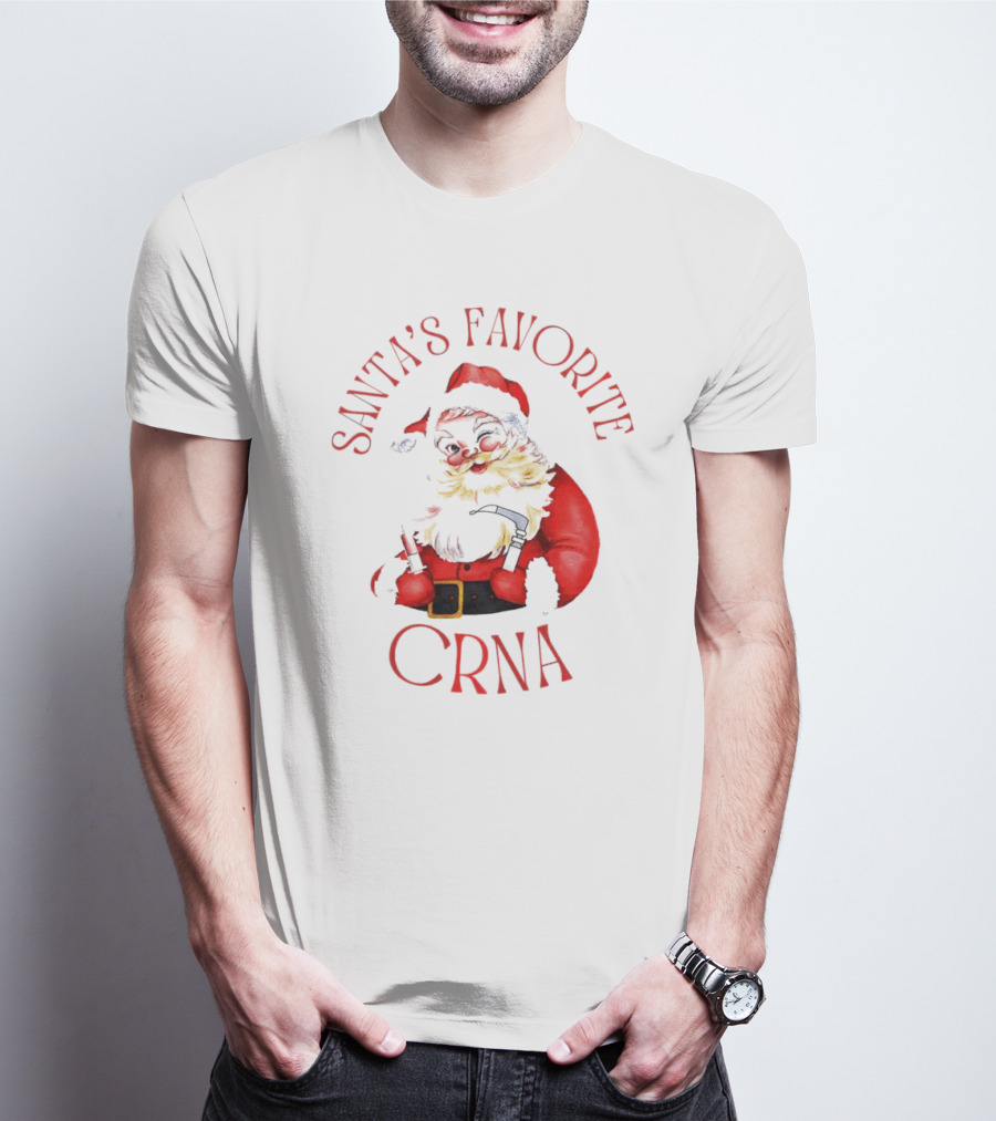 Santa's Favorite CRNA Christmas Festive Red Suit And Beard T-Shirt