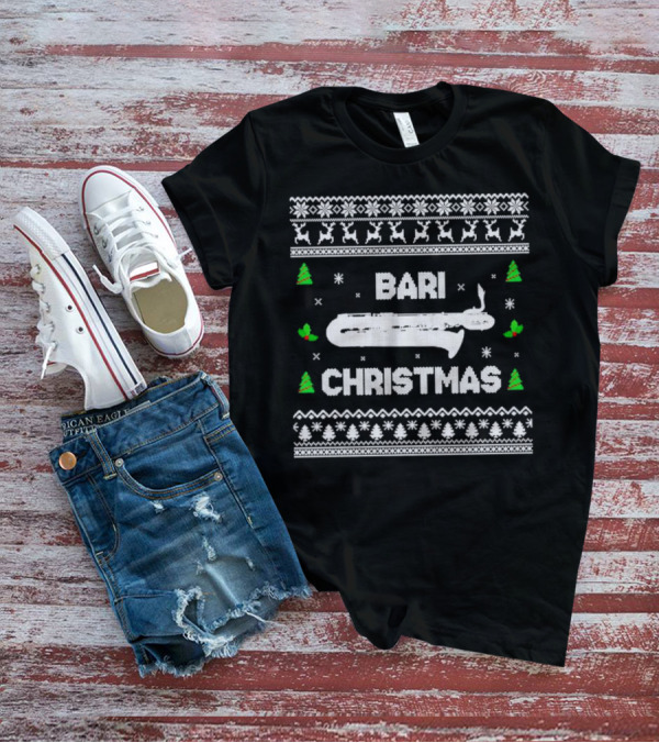 Bari Christmas Saxophone Ugly Sweater Reindeer Trees Snowflakes T-Shirt