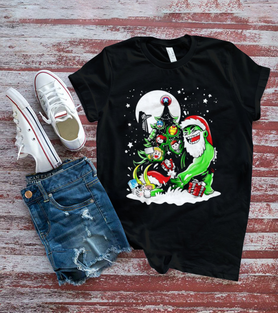 The Avengers Marvel Characters Christmas Tree With Hulk Santa And Superhero Ornaments T-Shirt