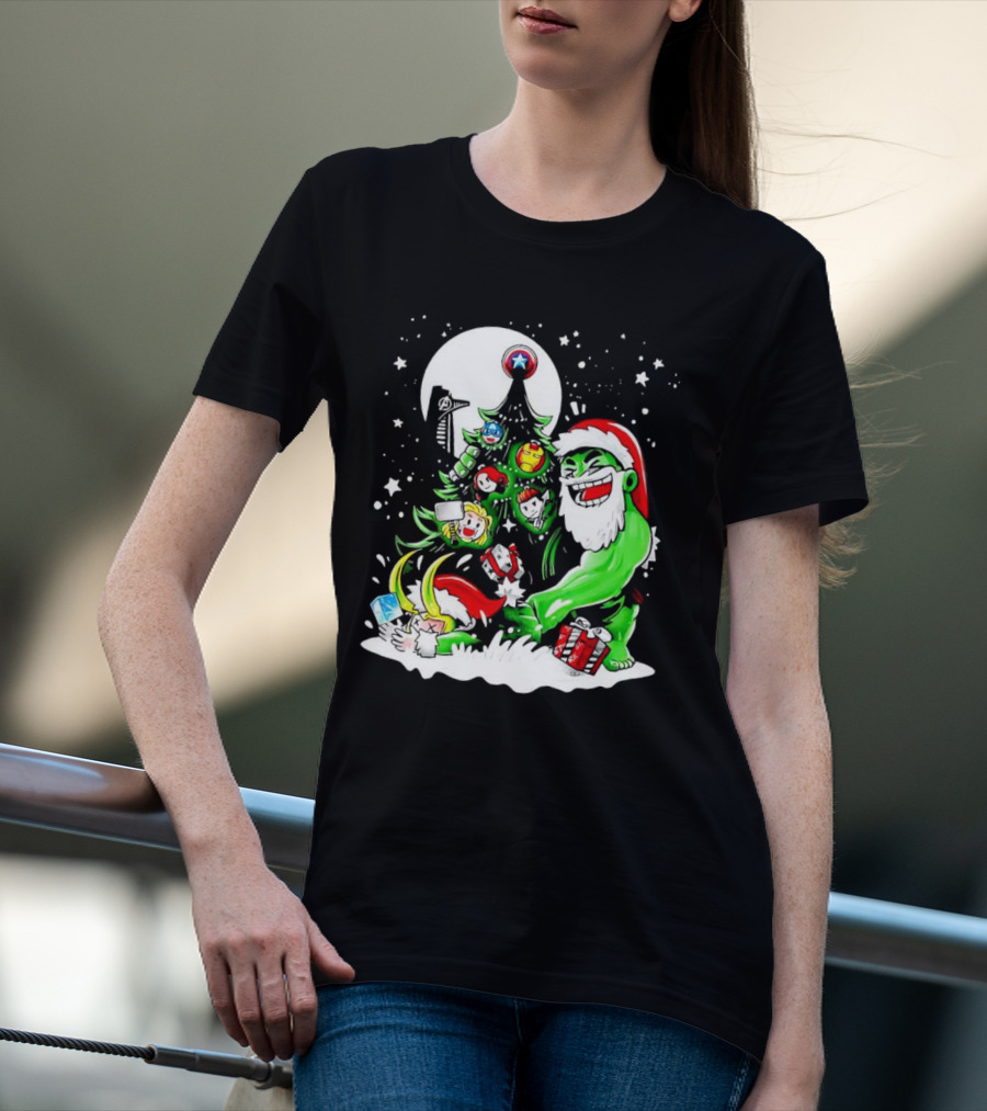 The Avengers Marvel Characters Christmas Tree With Hulk Santa And Superhero Ornaments T-Shirt