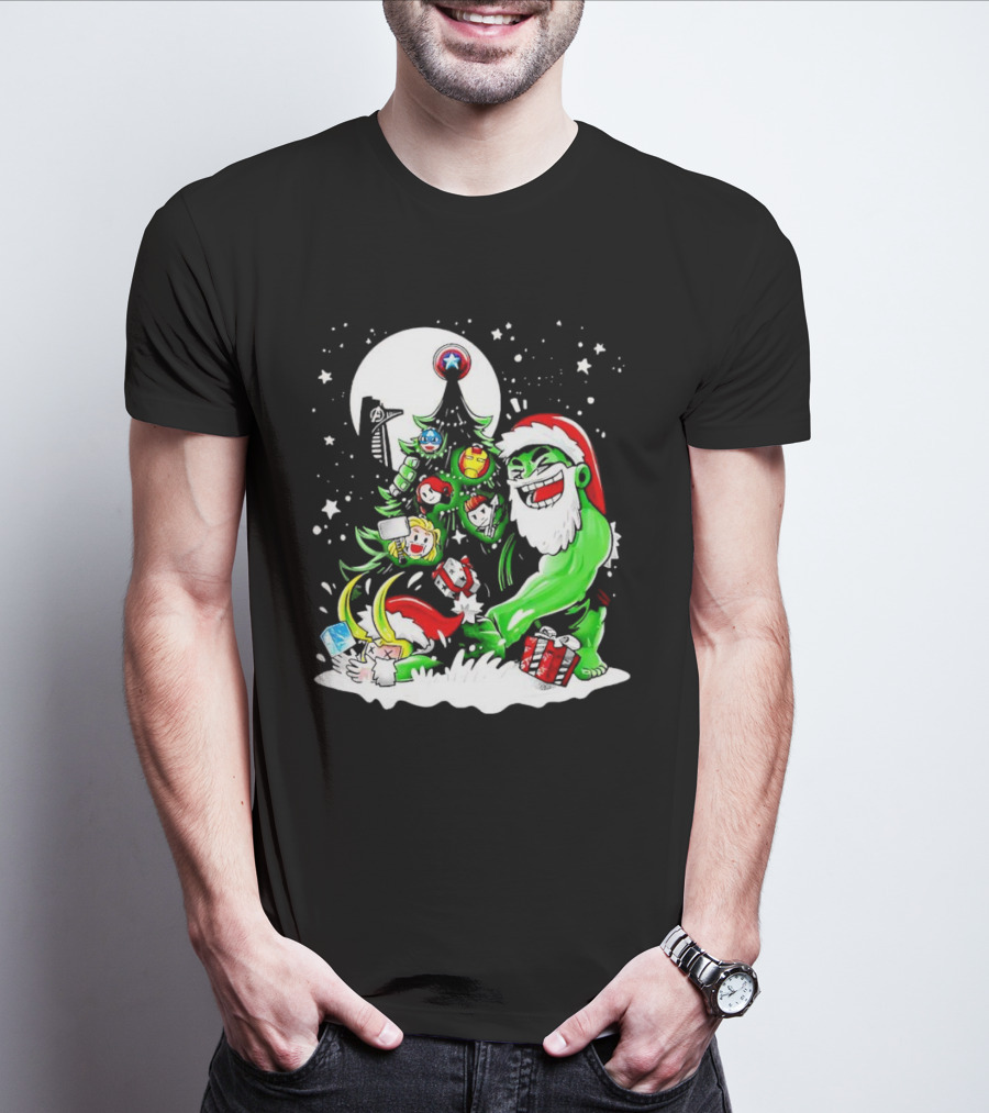 The Avengers Marvel Characters Christmas Tree With Hulk Santa And Superhero Ornaments T-Shirt