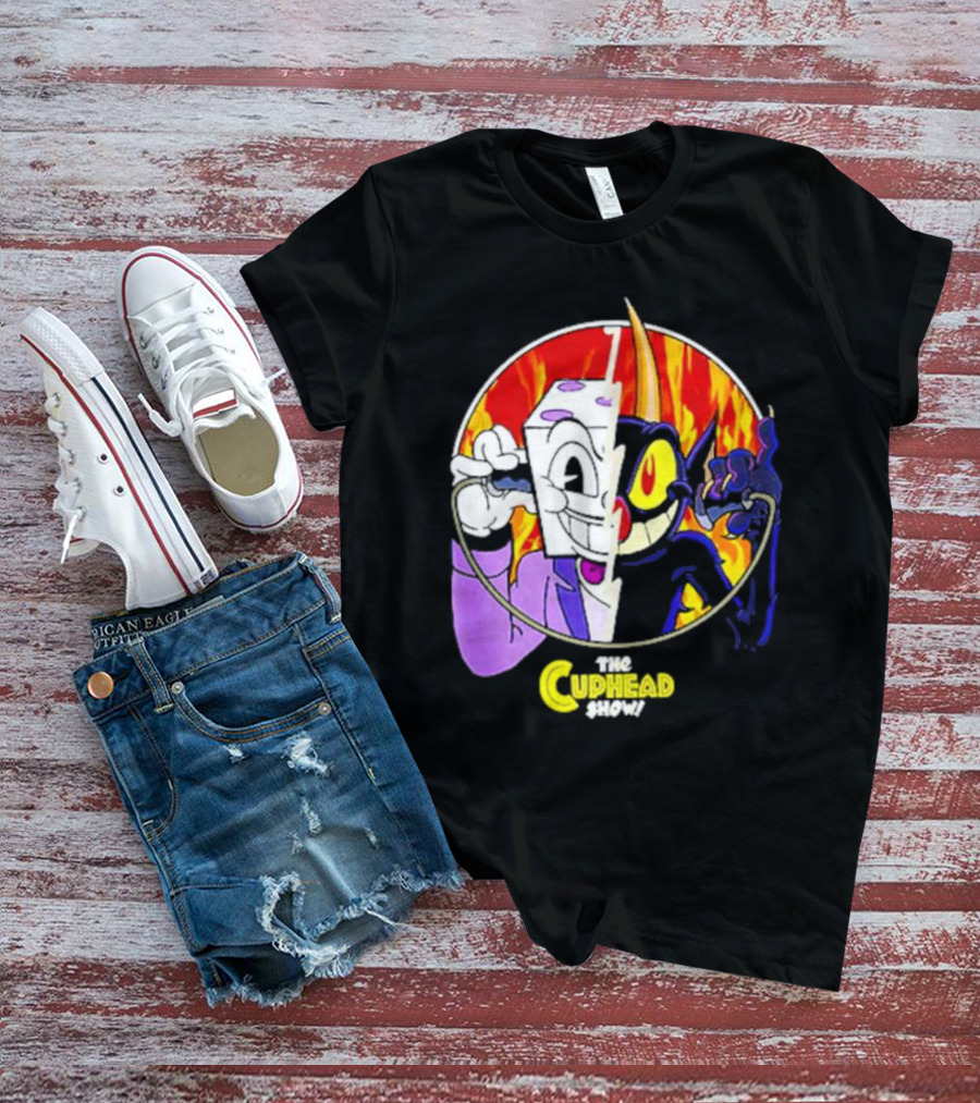 The Cuphead Show King Dice Devil Iconic Faces Fiery Background T-Shirt