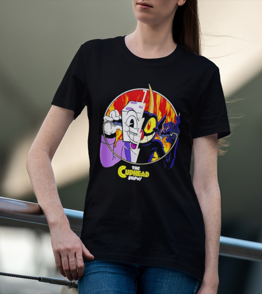 The Cuphead Show King Dice Devil Iconic Faces Fiery Background T-Shirt