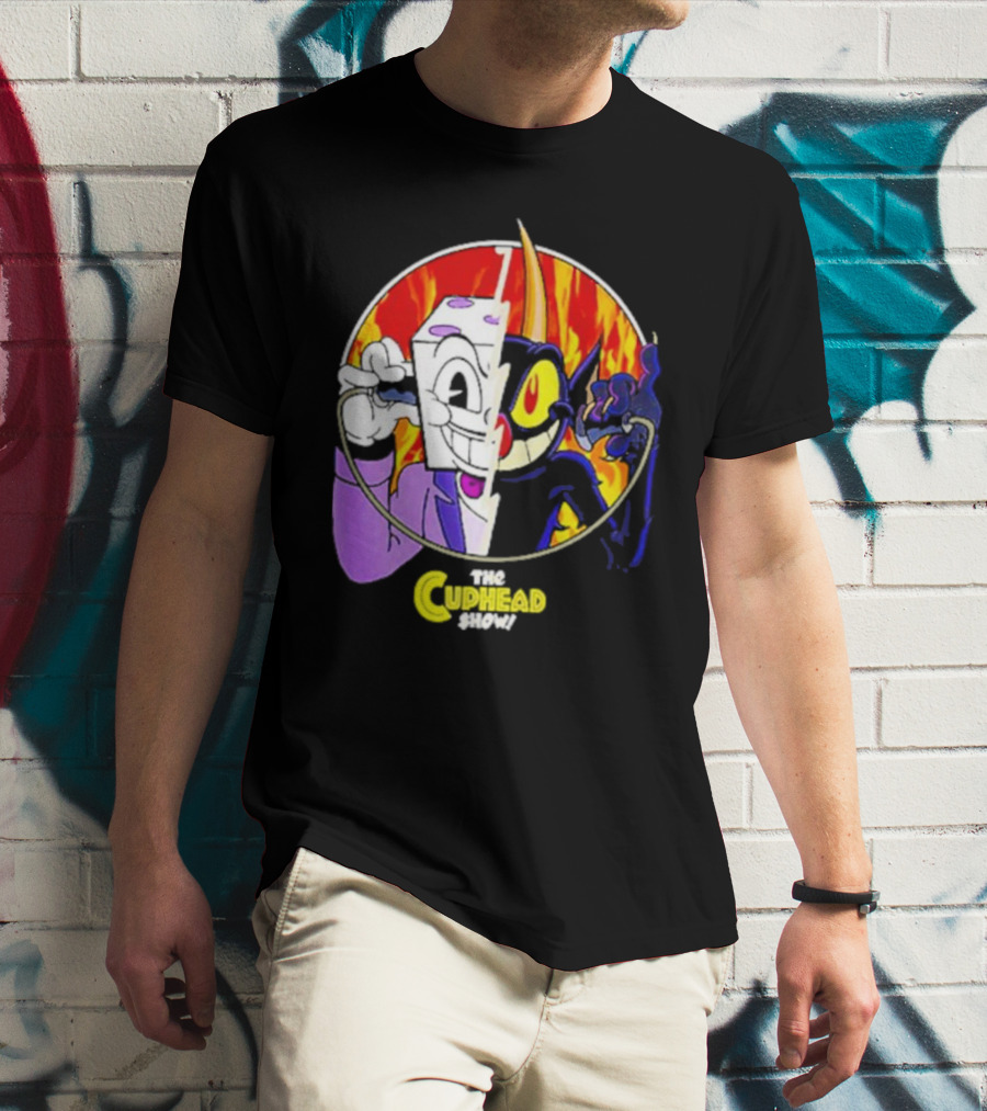 The Cuphead Show King Dice Devil Iconic Faces Fiery Background T-Shirt