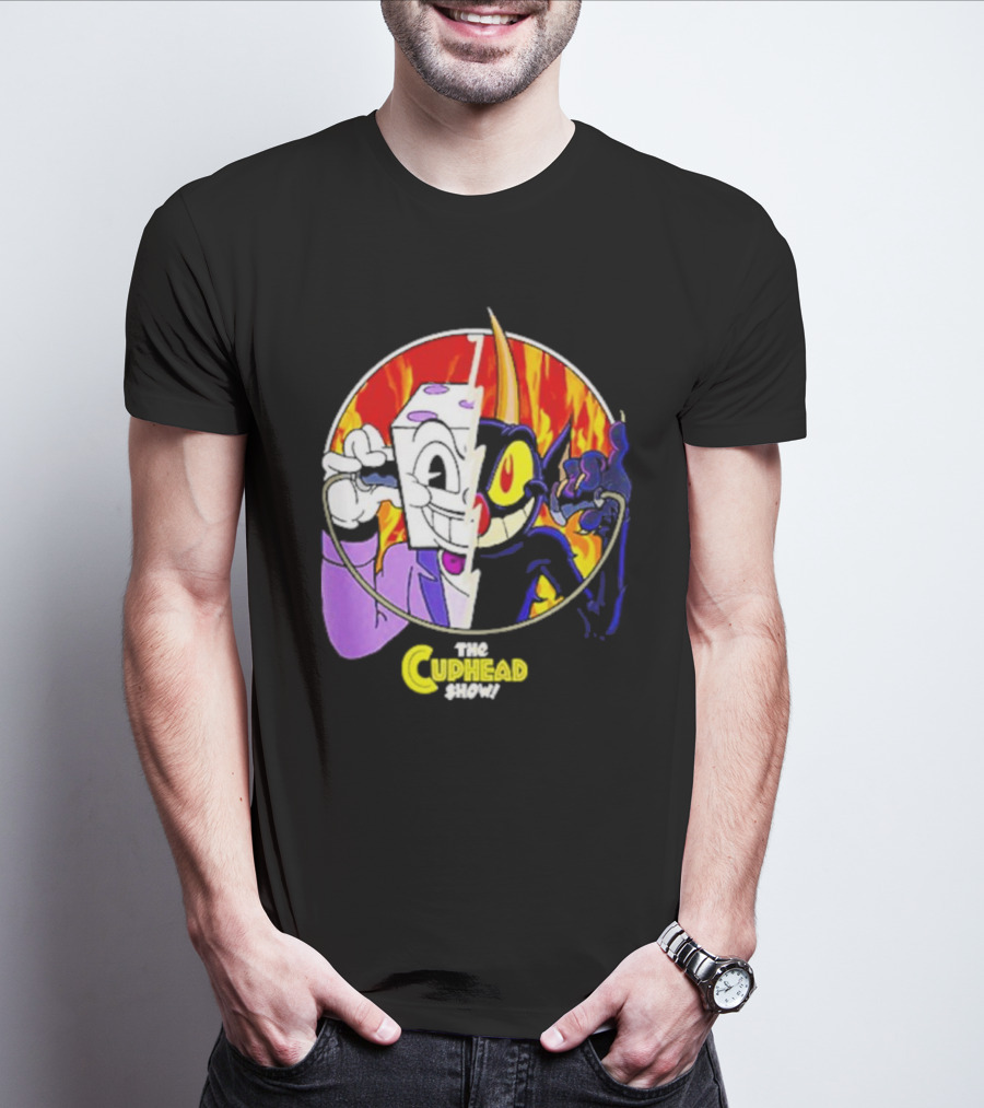 The Cuphead Show King Dice Devil Iconic Faces Fiery Background T-Shirt