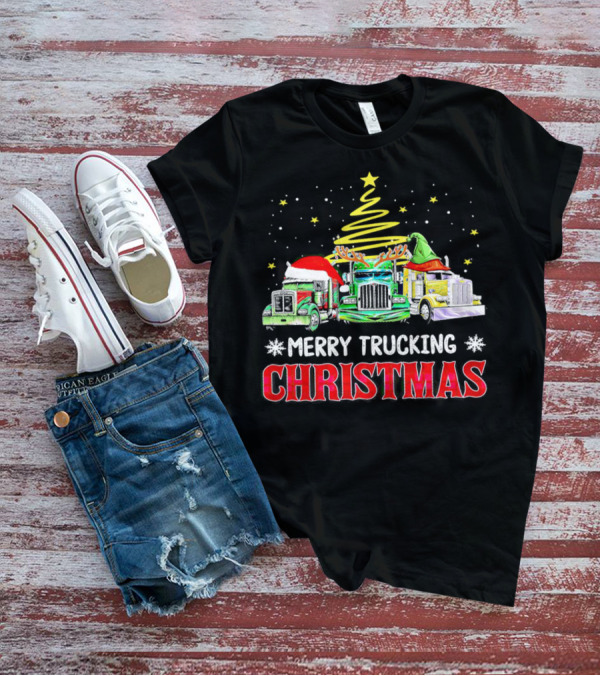 Merry Trucking Christmas With Festive Decorated Trucks And Starry Tree T-Shirt